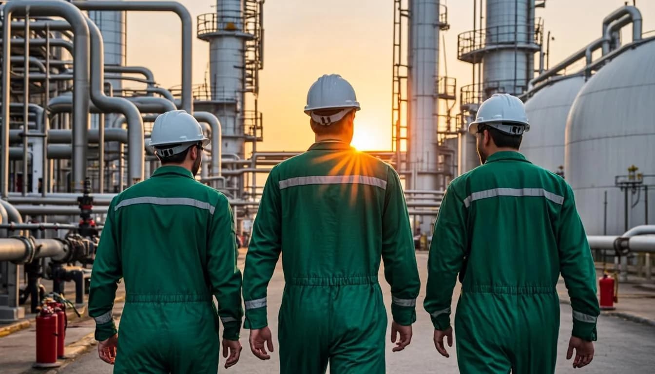 مهندسو FuelEx Energy أثناء جولة في منشأة بترولية وقت الغروب
