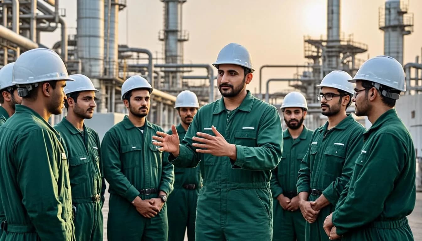 اجتماع توعية بالسلامة قبل بدء العمل في منشأة وقود