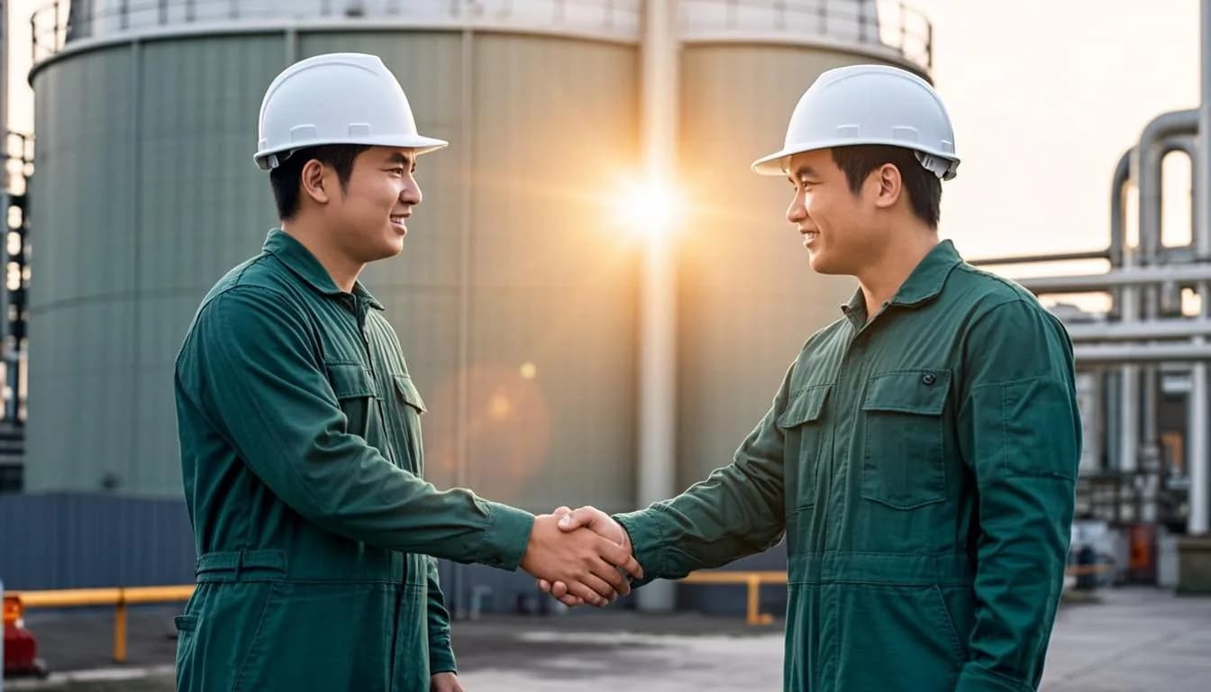 مهندسان يتبادلان المصافحة في منشأة وقود تعكس الشراكة والثقة
